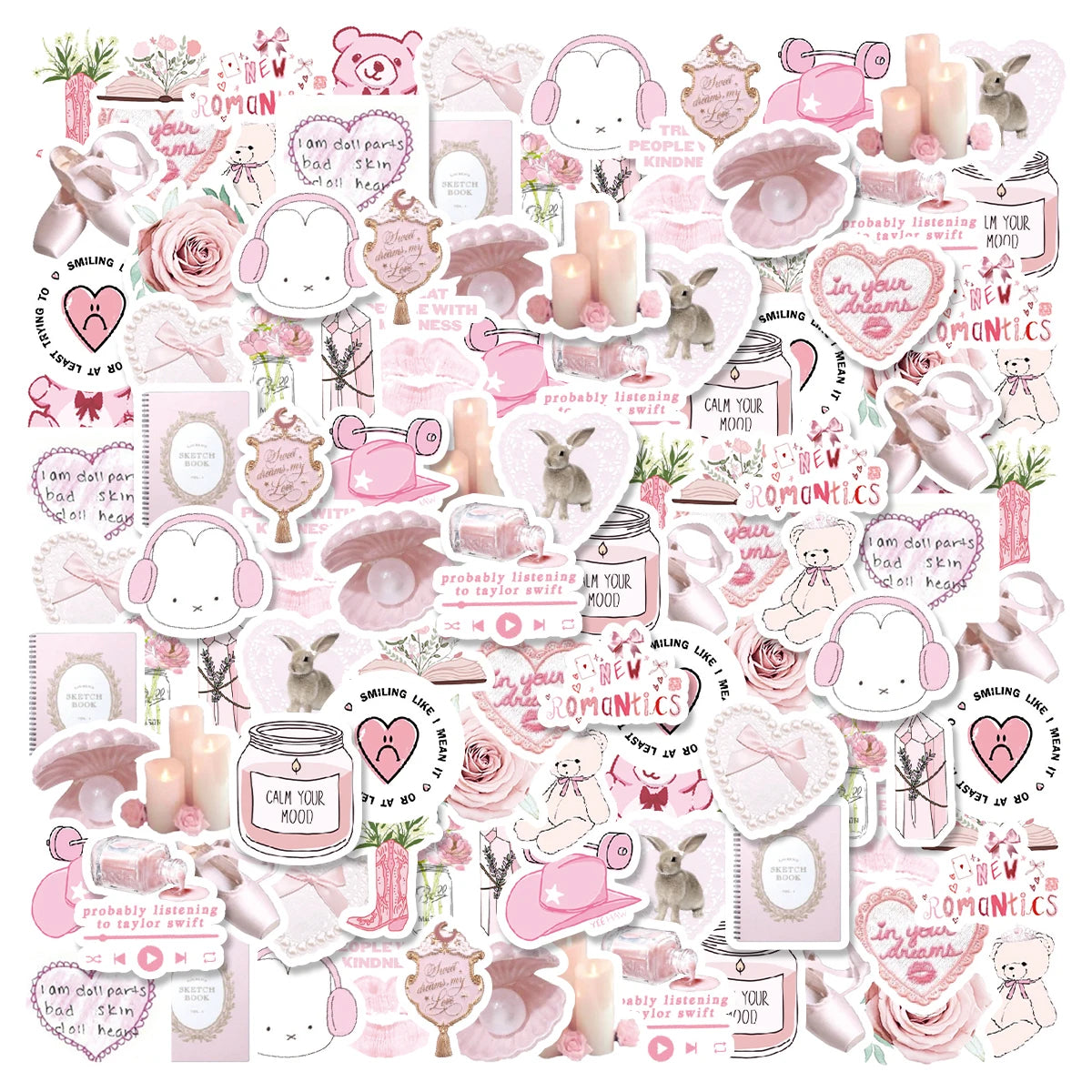 Kawaii 46pcs Bunny & Bear Stickers ๐ | Cute Pink Graffiti Dรฉcor for Notebooks, Water Cups & Diaries ๐ธโจ | Fun PVC Decals for Students!