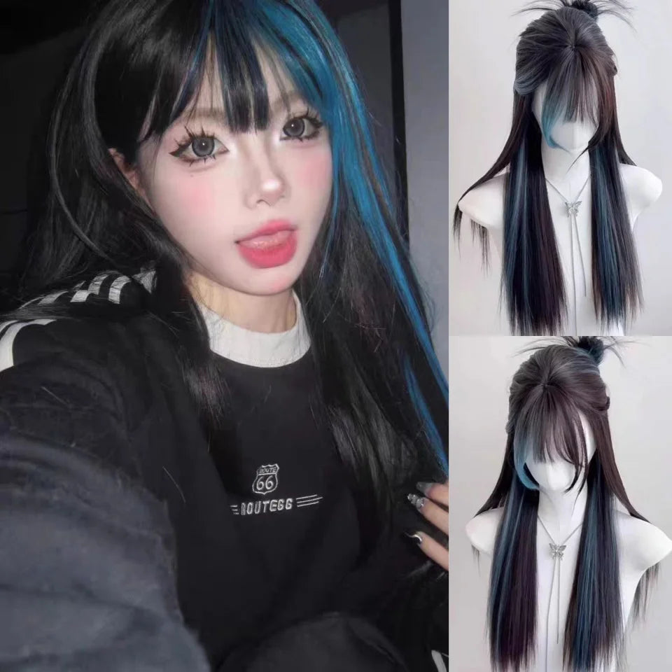 Enchanting Ombre Kawaii Wig πβ¨ - Long Straight Lolita Style with Bangs in Glacier Blue & Blonde!