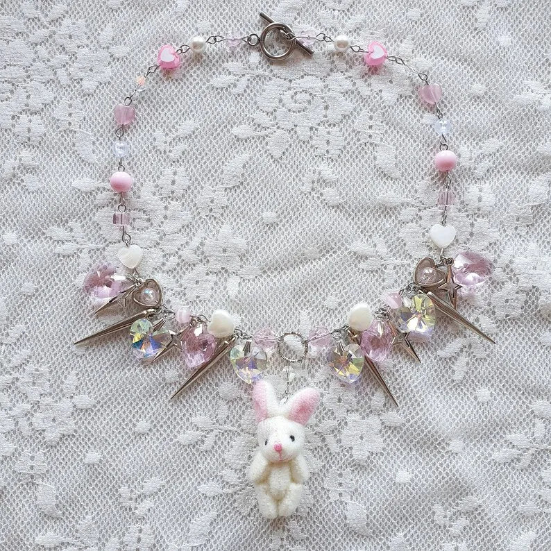 Kawaii Bunny Plush Pendant Necklace 🐰✨ - Adorable Y2K Fashion Accessory!