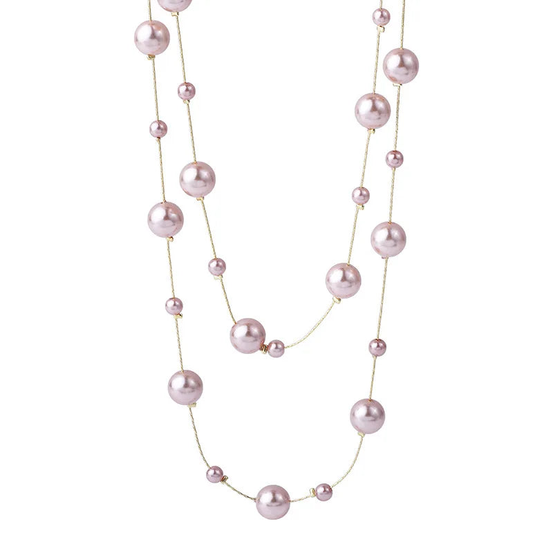 Pink Double Layer Pearl Necklace for Women Sweater Chain Long Statement πβ¨