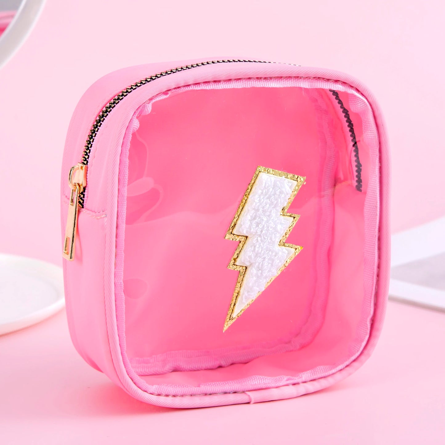 Kawaii Mini Waterproof Lipstick Pouch β¨π Chenille Heart & Rainbow Plane Patches | Clear PVC Travel Makeup Bag πβοΈ Zippered Cosmetic Case