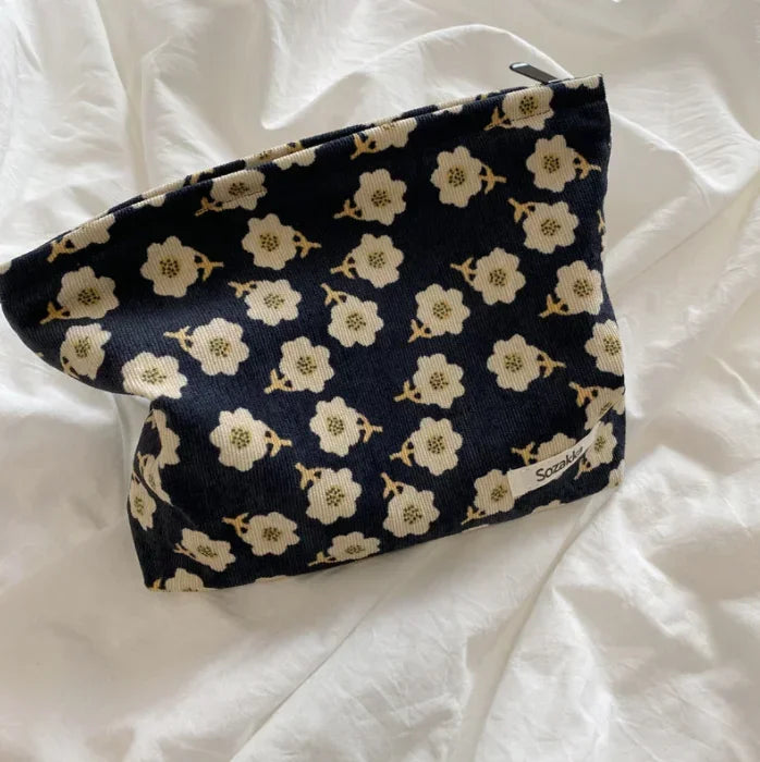 Kawaii Corduroy Floral Makeup Clutch Bag πΈβ¨ | Cute Cosmetic Organizer for Women ππ