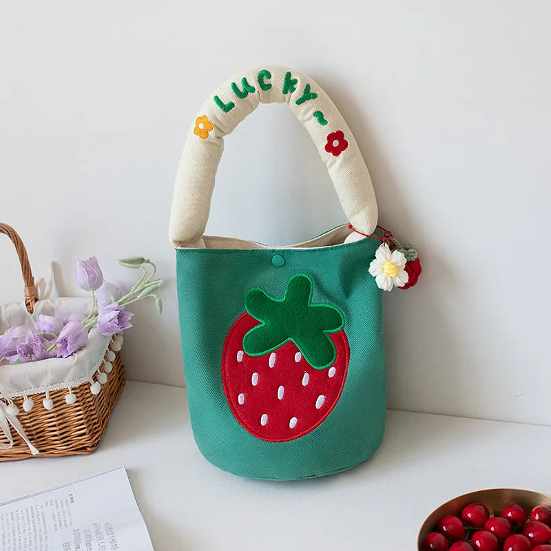 Kawaii Strawberry Embroidery Canvas Bucket Bag πβ¨ - Cute Summer Handbag for Women with Pendant & Fashionable Letter Design!