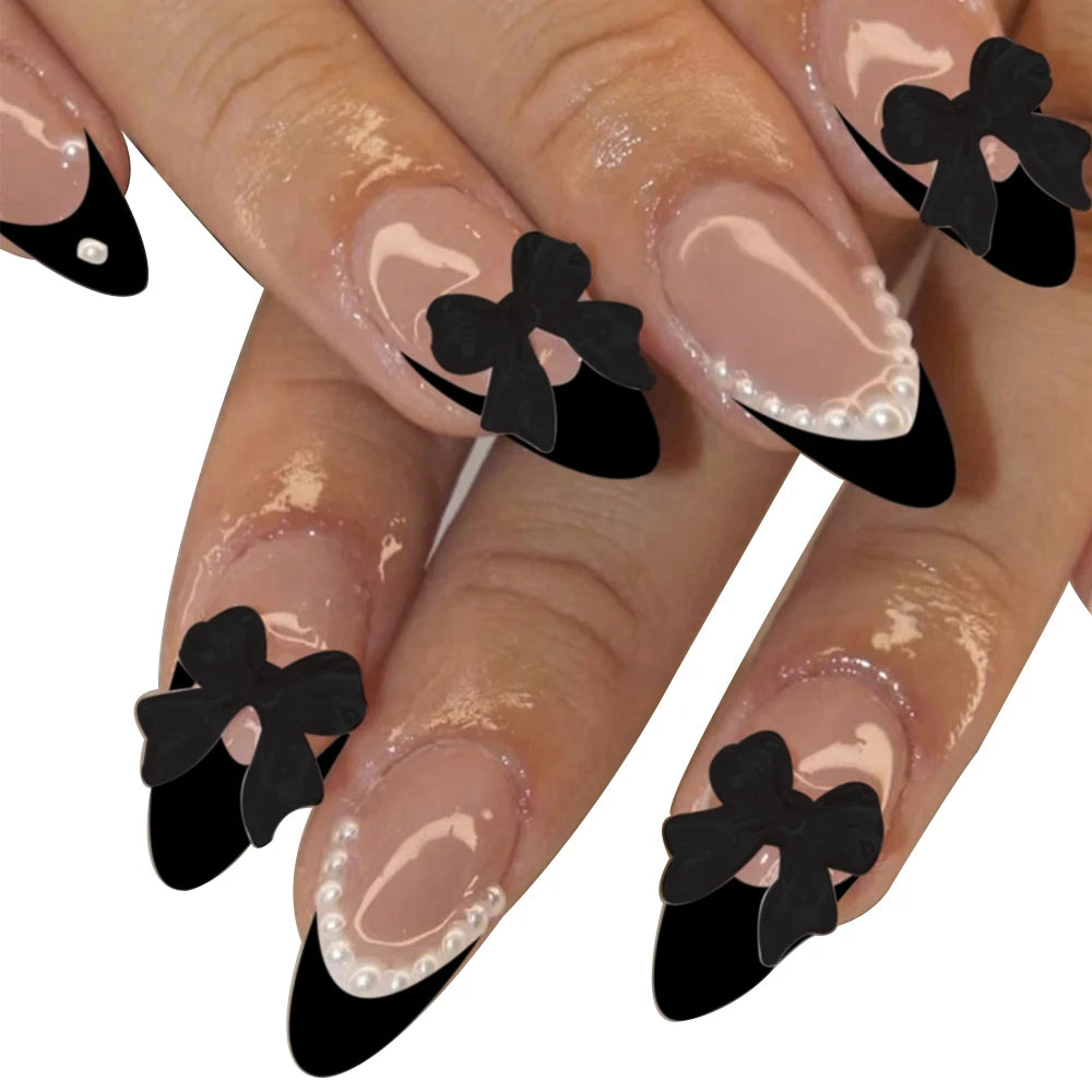 Kawaii 24pcs Bowknot Coffin Press-On Nails πβ¨ Sweet French Tips with White Pearls for Summer Parties πΈπ