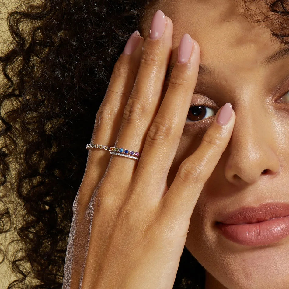 Kawaii Rainbow Love: ALLNOEL 925 Sterling Silver Double Ring with Colorful Zircon ππβ¨