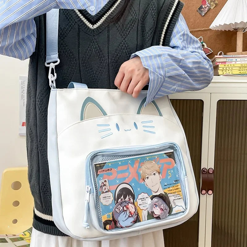 Kawaii Cat Love ๐โจ Large Nylon Ita Shoulder Bag - Versatile Crossbody Handbag with Transparent DIY Pocket ๐พ๐