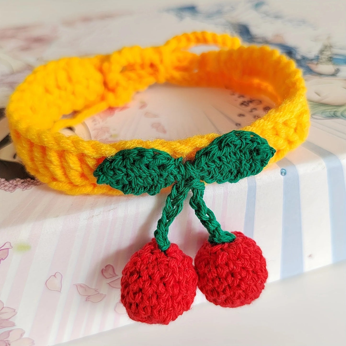 ๐ธ Adorable Cherry Charm Cat Collar ๐ Handmade Knitted Cutie for Your Feline Friend ๐พโจ