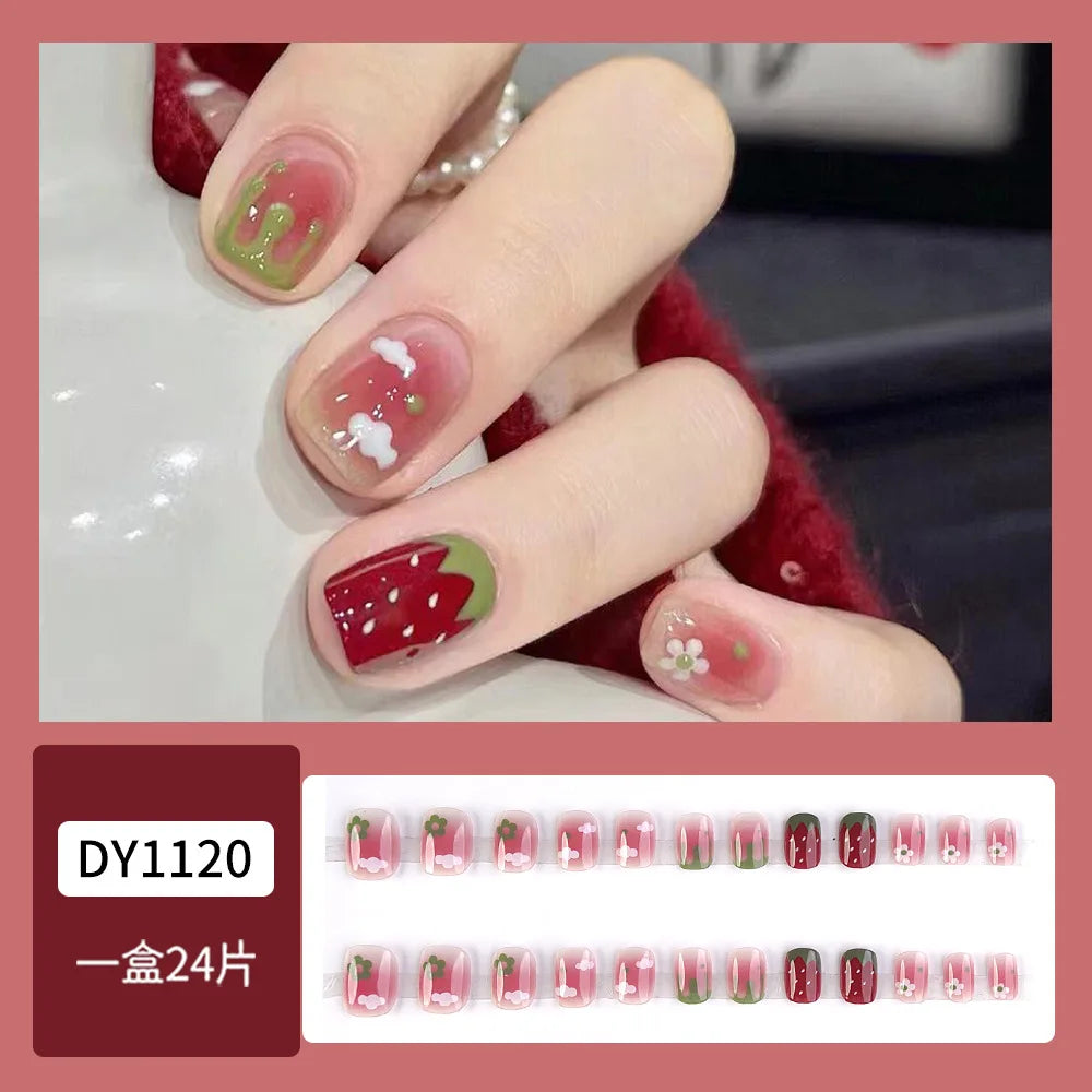 Kawaii 24pcs Iced Strawberry Cloud Fake Nails πβ¨ Cute Short Press-On Acrylic Tips for Girls!