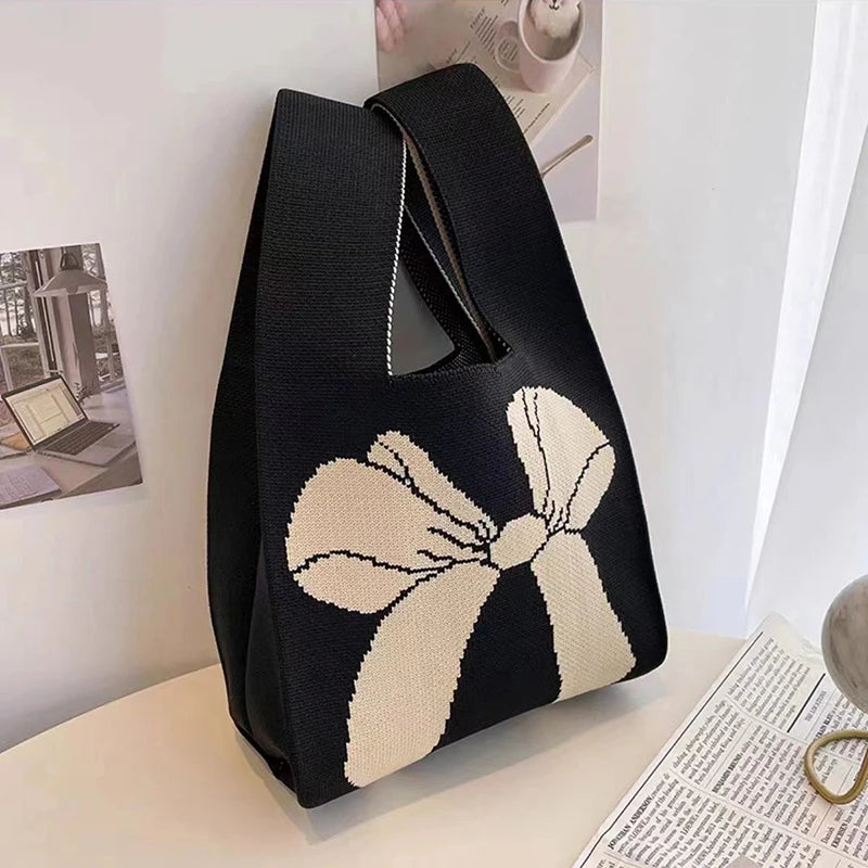 Women Handmade Knot Wrist Bag CNew Bowknot Knit Handbags asual Small Bow Tote Bag Girls Reusable Shopping Bags