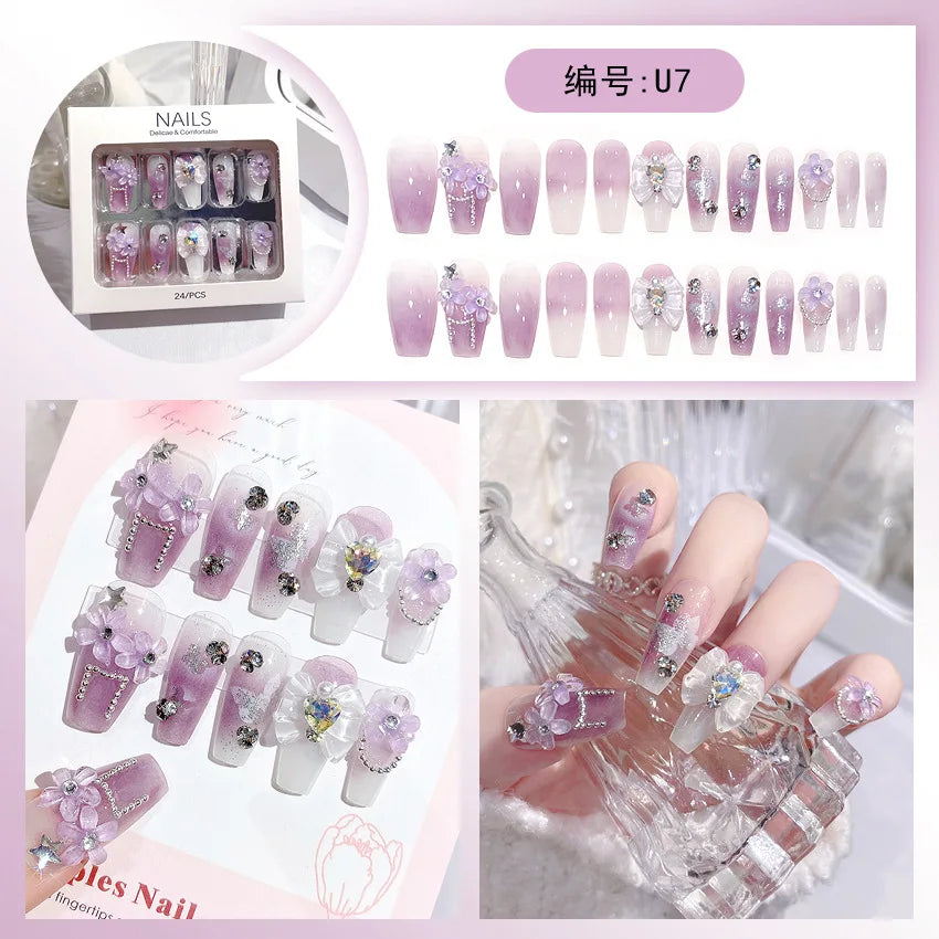 Kawaii Blush Pink 3D Bowknot & Pearl Press-On Nails πβ¨ | 24pcs Adorable Fake Nail Tips for Cute DIY Manicures!