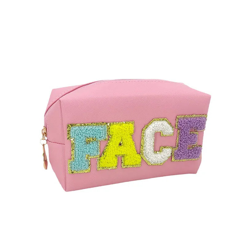 Kawaii Chenille Letter Waterproof Makeup Pouch β¨π Cute PU Leather Toiletry Bag for Travel ππ
