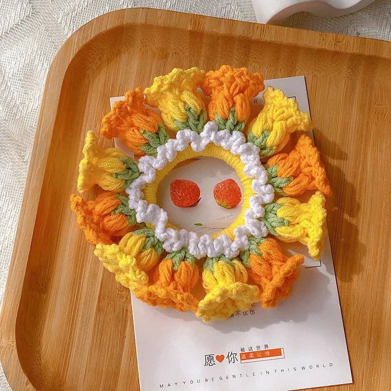 Kawaii Crochet Flower Ponytail Scrunchie ๐ธโจ| Adorable Knitted Hairband for Spring & Summer ๐ผ๐