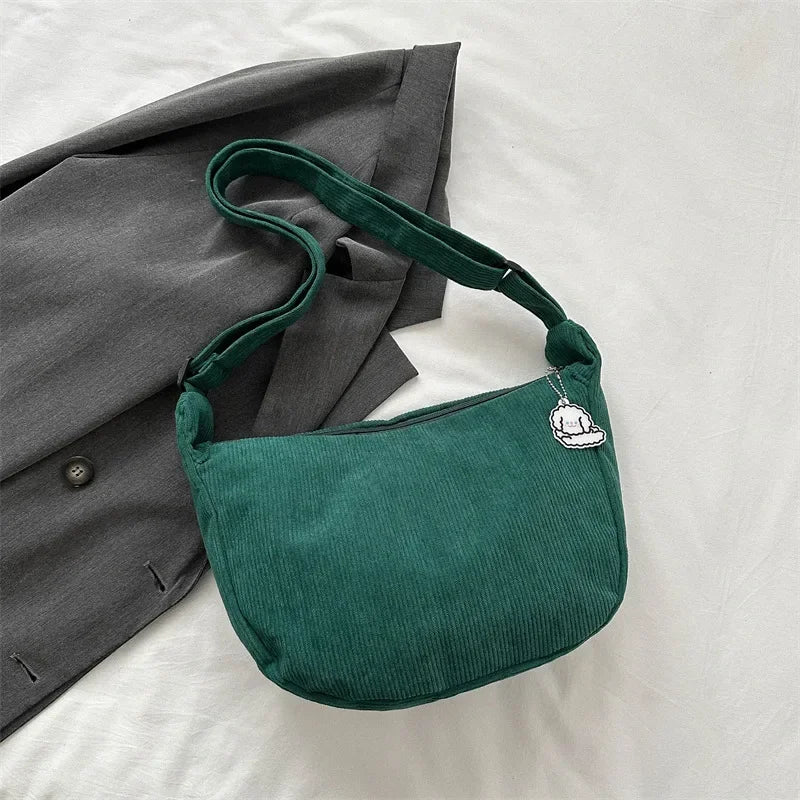 Kawaii Black Corduroy Dumpling Bag πβ¨ - Stylish Canvas Crossbody for Students! - Pixie Quill