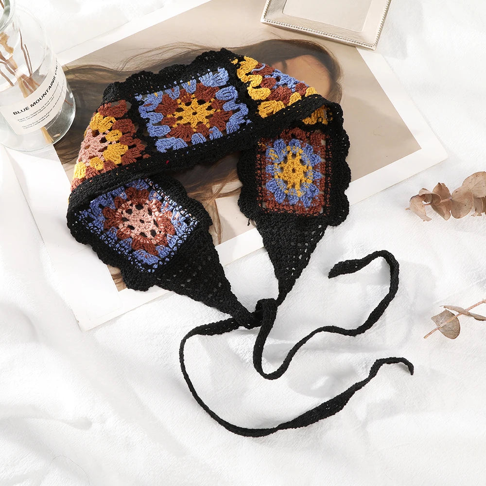 Kawaii Boho Flower Crochet Headband ๐ธโจ Vintage Turban Hair Scarf for Women - Fashionable Accessory for Every Season!