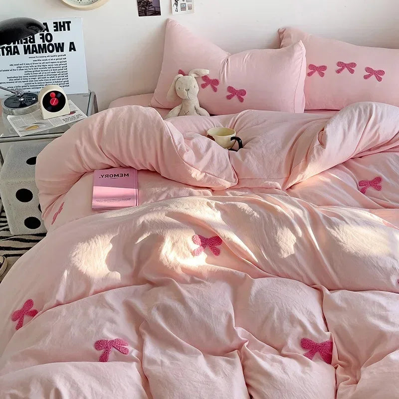 Whimsical Pink Bow Duvet Set πΈβ¨ - Enchant Your Bedroom with 3D Embroidery & Cozy Comfort! π€π