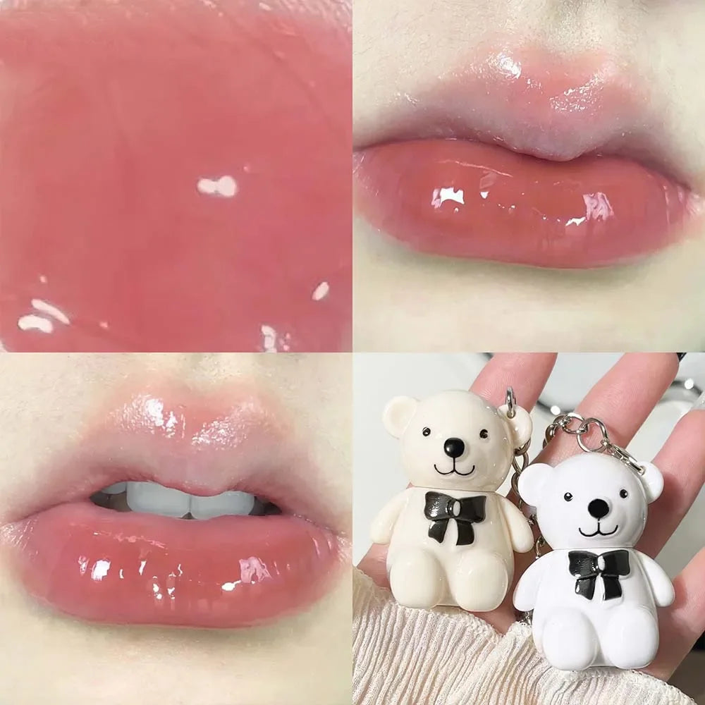 Water Light Mirror Lip Glaze Waterproof Long Lasting Cute Bear Keychain Lip Gloss Silky Smooth Liquid Lipstick Women Lip Makeup