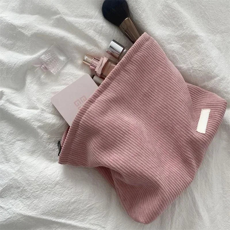 Kawaii Corduroy Makeup Pouch πΈβ¨ | Cute Portable Cosmetic Organizer with Zipper - Large Capacity Clutch for Travel! ππ