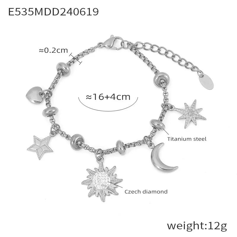 Kawaii Moon & Heart Stainless Steel Charm Bracelet 🌙💖 | Cute Luxury Jewelry Gift for Women 🎁✨