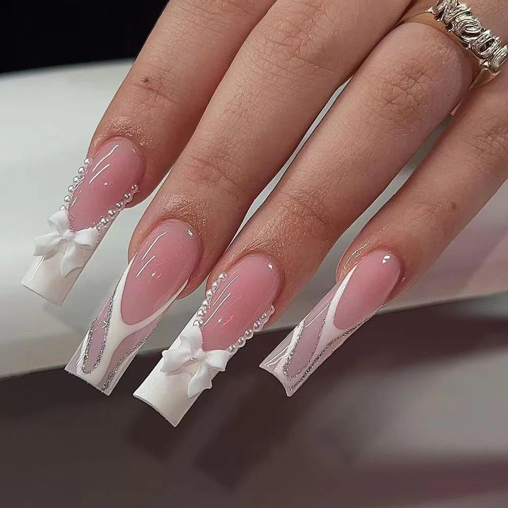 Kawaii 24pcs Bowknot Coffin Press-On Nails πβ¨ Sweet French Tips with White Pearls for Summer Parties πΈπ