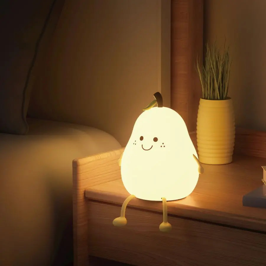 Kawaii Pear Silicone Night Light πβ¨ - USB Rechargeable Touch Sensor Cat Lamp with Remote πΎπ for Kids & Baby Gifts!