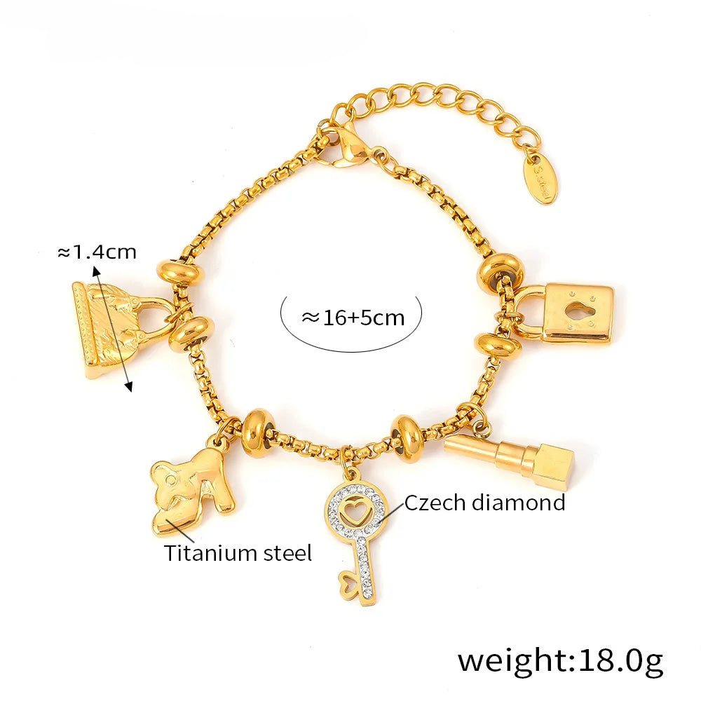 Kawaii 316L Stainless Steel Heart Charm Bracelet πβ¨ - 18k Gold-Plated with Sparkling Zircon Pendants! ππ