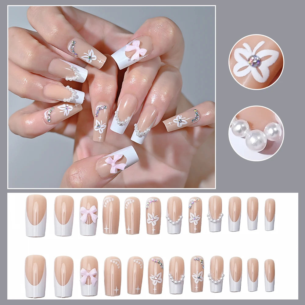 Kawaii Blush Pink 3D Bowknot & Pearl Press-On Nails πβ¨ | 24pcs Adorable Fake Nail Tips for Cute DIY Manicures!