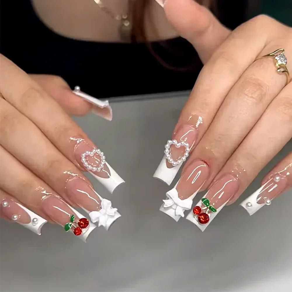 Kawaii Love Pattern Coffin Nails πβ¨ | 24Pcs Brown French Full Cover Press-On Tips π
π