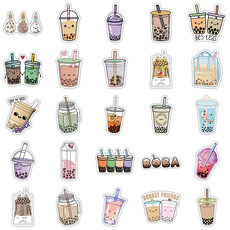 Kawaii Pearl Drink Stickers ๐ | 10/30/50PCS Waterproof PVC Aesthetic for Kids ๐จ | Cute Scrapbooking & Laptop Decor ๐โจ