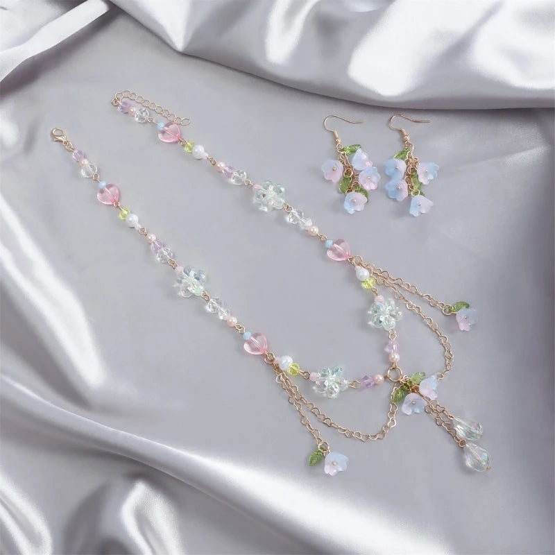 Charming Kawaii Floral Bell Orchid Choker & Earrings Set ๐ธโจ - Enamel & Pearl Jewelry for Women, Perfect Wedding Gift!