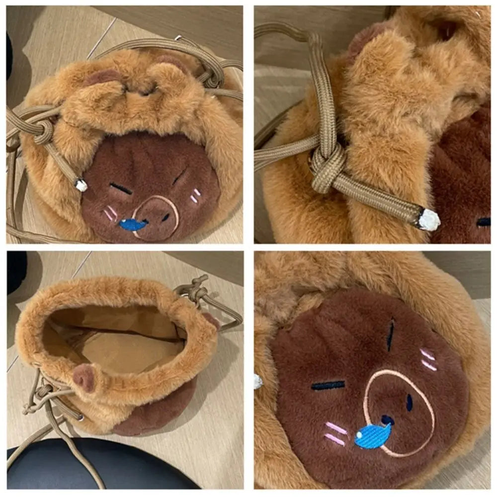 Kawaii Capybara Plush Crossbody Bag πΎβ¨ | Cute Drawstring Bucket Pouch for Phone & Coins ππ