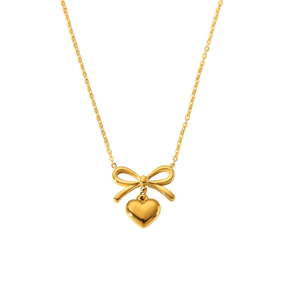 Kawaii Bow Heart Pendant Necklace πβ¨ | Dainty 18K Gold Plated Stainless Steel Jewelry for Women ππ