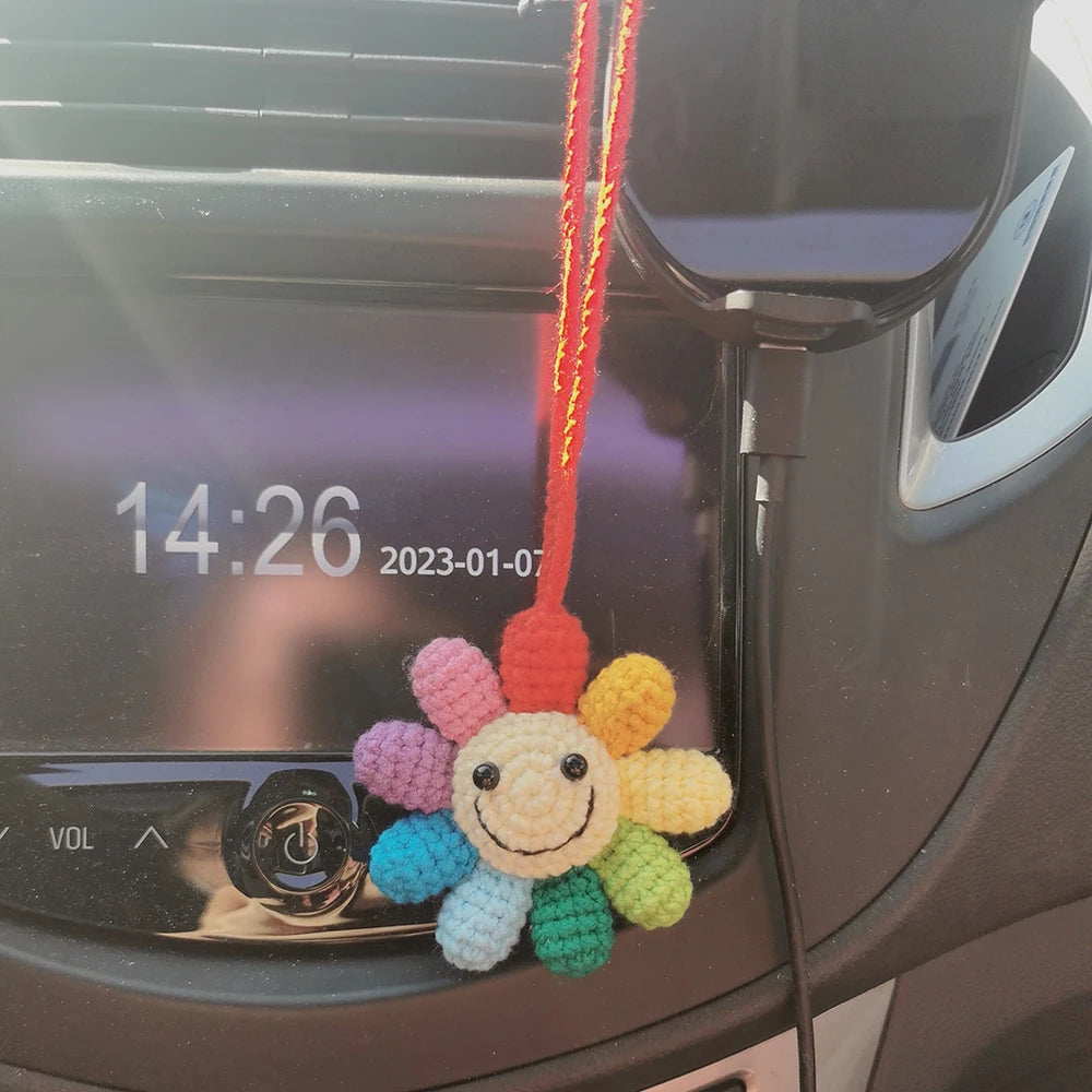 Kawaii Rainbow Flower Waffle Car Mirror Charm ๐ธโจ | Handmade Crochet Decor for Joyful Vibes!