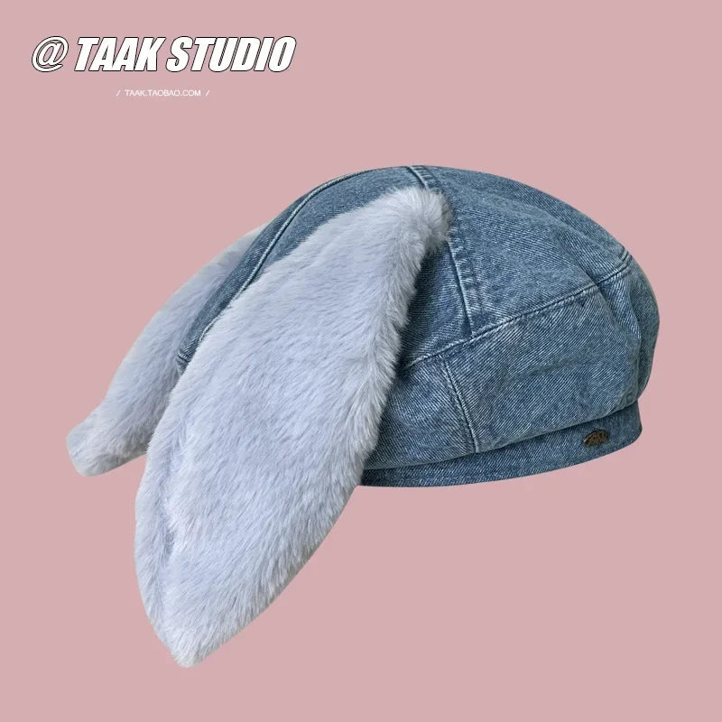 Denim Bunny Ear Beret For Women Winter Hat Cute Casual Cartoon Newsboy Style ๐ฐ