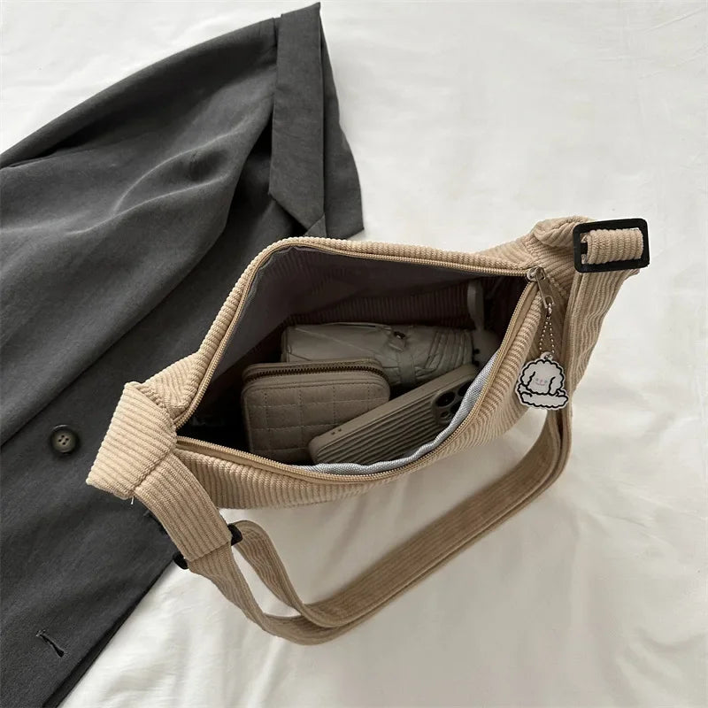 Kawaii Black Corduroy Dumpling Bag πβ¨ - Stylish Canvas Crossbody for Students! - Pixie Quill