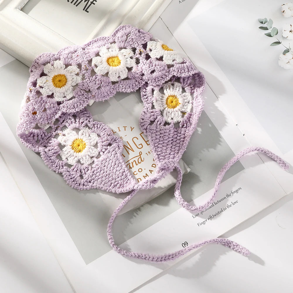 Kawaii Boho Flower Crochet Headband ๐ธโจ Vintage Turban Hair Scarf for Women - Fashionable Accessory for Every Season!