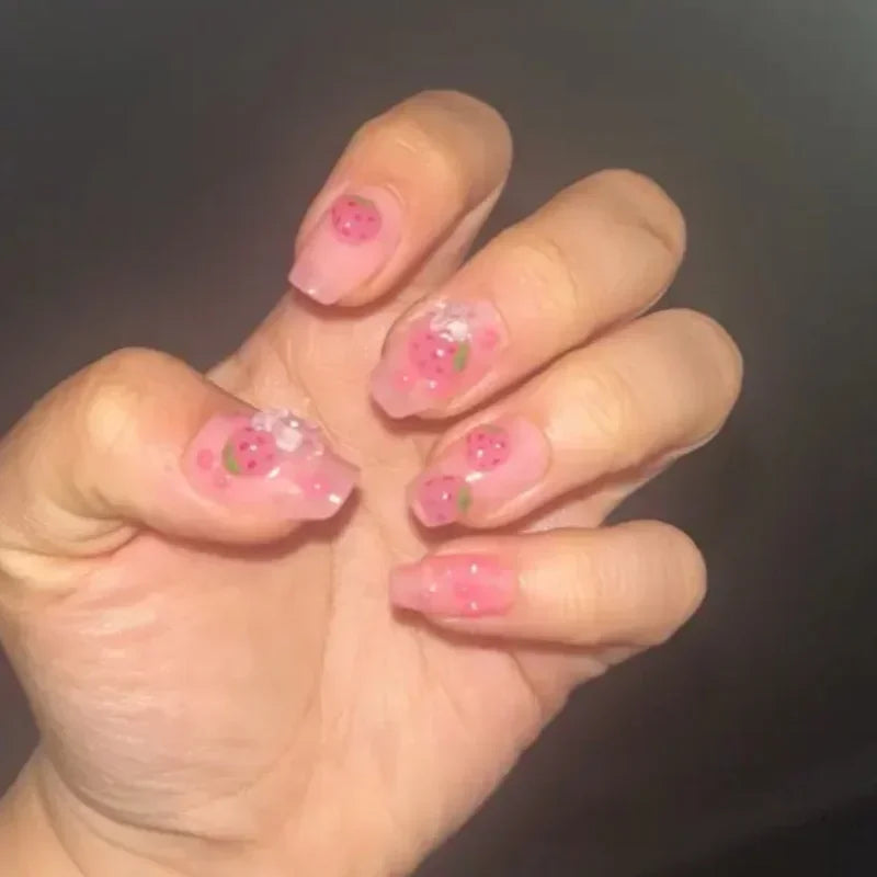 Kawaii Strawberry Dream πΈπ 10pcs Handmade Pink Coffin Press-On Nails - Sweet 5D Decor for Cute Manicures!