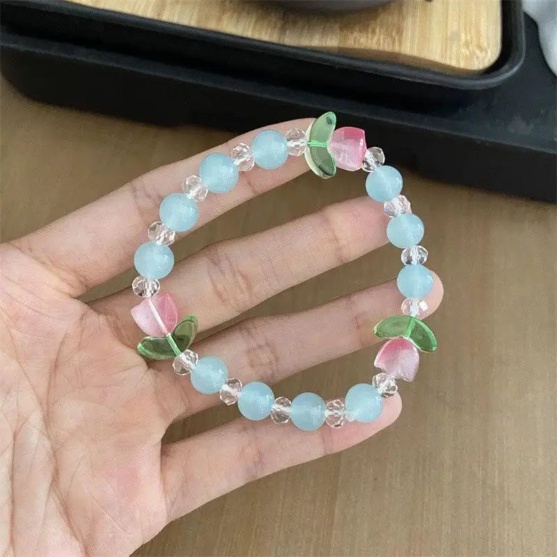 πΌ Kawaii Colorful Crystal Bead Bracelet β¨ Sweet Tulip Charm for Trendy Girls π Aesthetic Jewelry Delight!