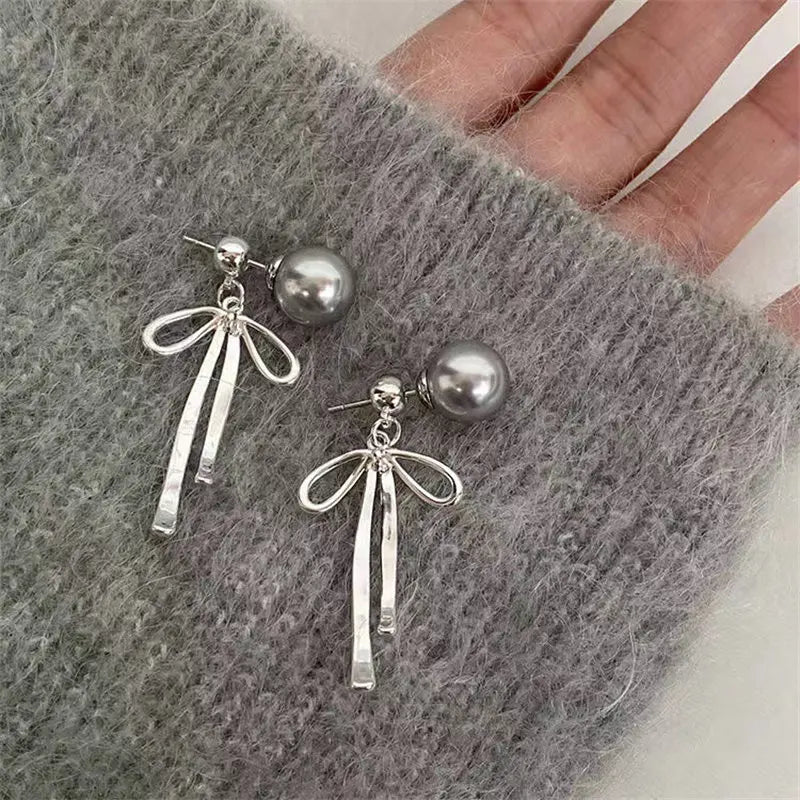 Kawaii Grey Pearl Bow Necklace & Earrings Set πΈβ¨ Cute Handmade Jewelry for Trendy Women