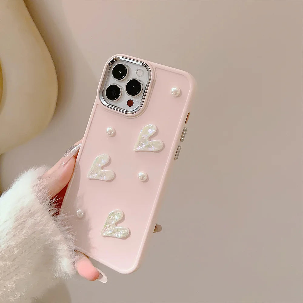 💕 Adorable 3D Pearl Love Heart Phone Case for iPhone - Soft Silicone Bumper 🎀✨