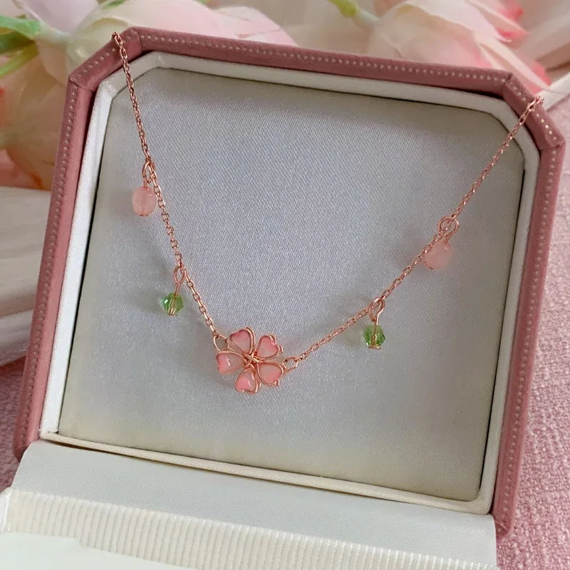 Kawaii Pink Cherry Blossom Crystal Pendant Necklace πΈβ¨ | Sweet Flower Charm for Womenβs Weddings & Parties ππ