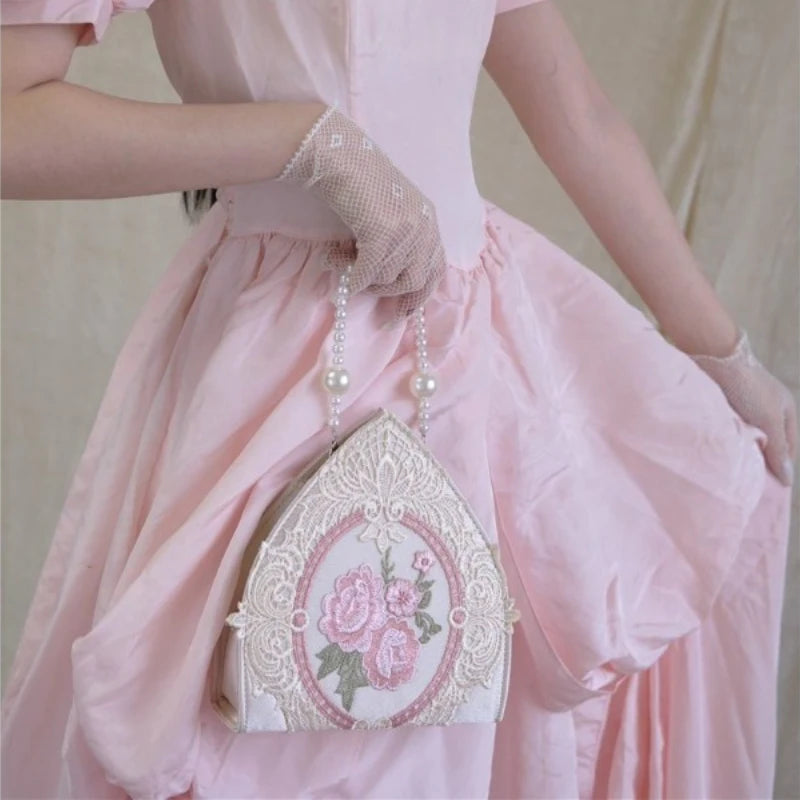 Kawaii Floral Lace Handbag πΈβ¨ Cute Y2K Top-Handle Bag with Pearl Chain for Fairy Girls π Fashionable Soft Bucket Purse for Women