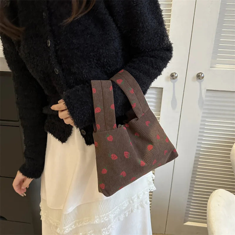 π Adorable Strawberry Delight Tote Bag π Cute Corduroy Handbag for Trendy Ladies! - Pixie Quill