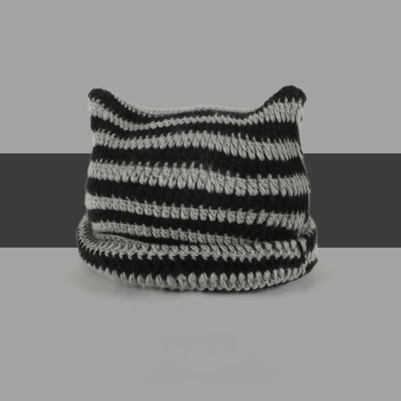 Kawaii Striped Devil Beanie π | Cute Cat Ear Knit Hat for Women πΎ | Cozy Winter Crochet Cap βοΈ