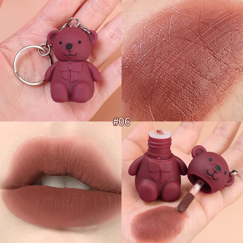 Water Light Mirror Lip Glaze Waterproof Long Lasting Cute Bear Keychain Lip Gloss Silky Smooth Liquid Lipstick Women Lip Makeup
