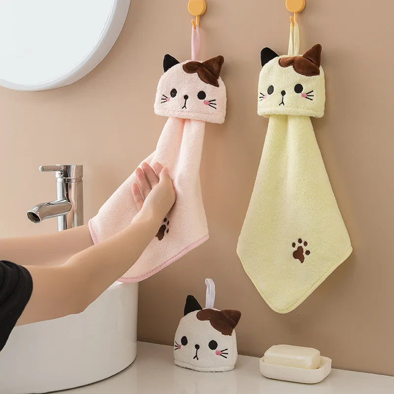 Adorable Kawaii Cat Hand Towels πΎβ¨ - Soft & Absorbent Coral Velvet Kitchen Dishcloths! π§Όπ