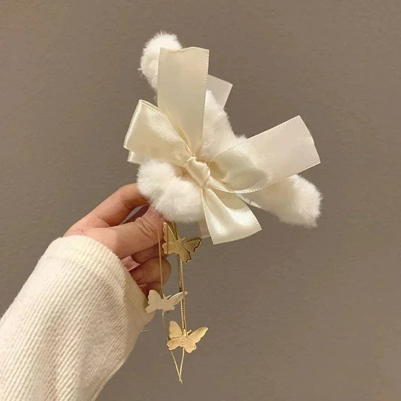 π Plush Bow & Tassel Hair Claw Clips β¨ Cute Korean Style for Girls - Perfect Fall & Winter Accessory! π¦