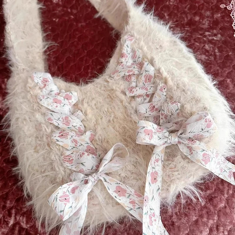 Kawaii Bow & Fluff Faux Fur Shoulder Bag πβ¨ - Y2K Chic Underarm Accessory for Women