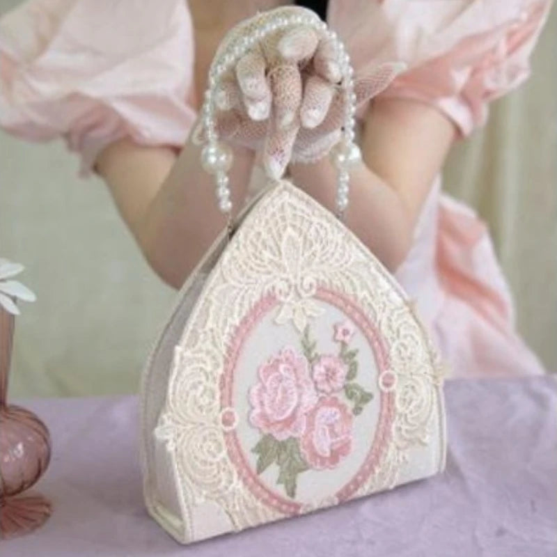 Kawaii Floral Lace Handbag πΈβ¨ Cute Y2K Top-Handle Bag with Pearl Chain for Fairy Girls π Fashionable Soft Bucket Purse for Women
