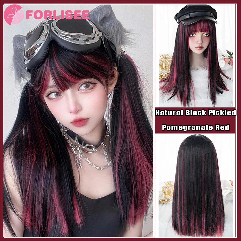 Kawaii Magic! πΈβ¨ FORLISEE Black & Pink Long Straight Wig with Bangs - Perfect for Cosplay & Sweet Lolita Looks! ππ