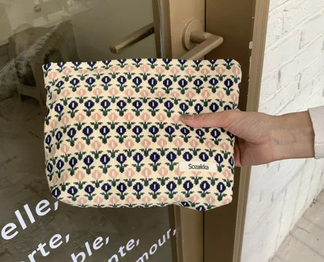 Kawaii Corduroy Floral Makeup Clutch Bag πΈβ¨ | Cute Cosmetic Organizer for Women ππ